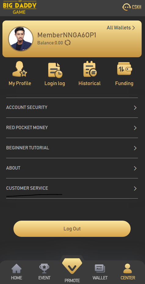 BDG Game account profile with login history funding and security menu