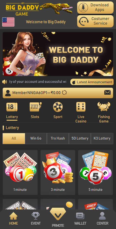 BDG Game home dashboard with Lottery Slots Sport Live Casino and Fishing Game menus