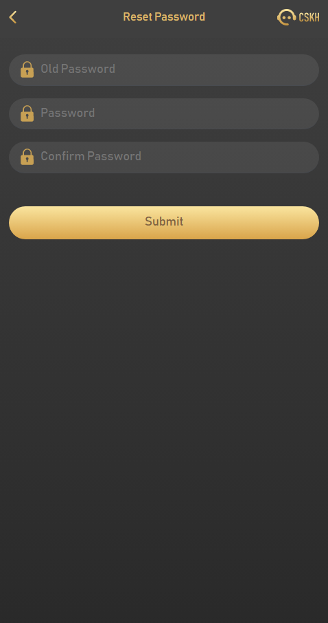 BDG Game password reset screen with old password and new password fields