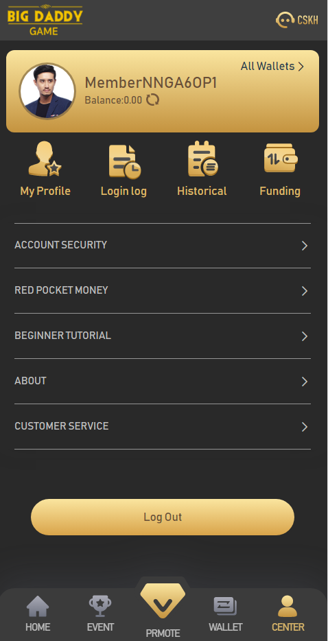 BDG Game profile menu with account security login log historical and funding options