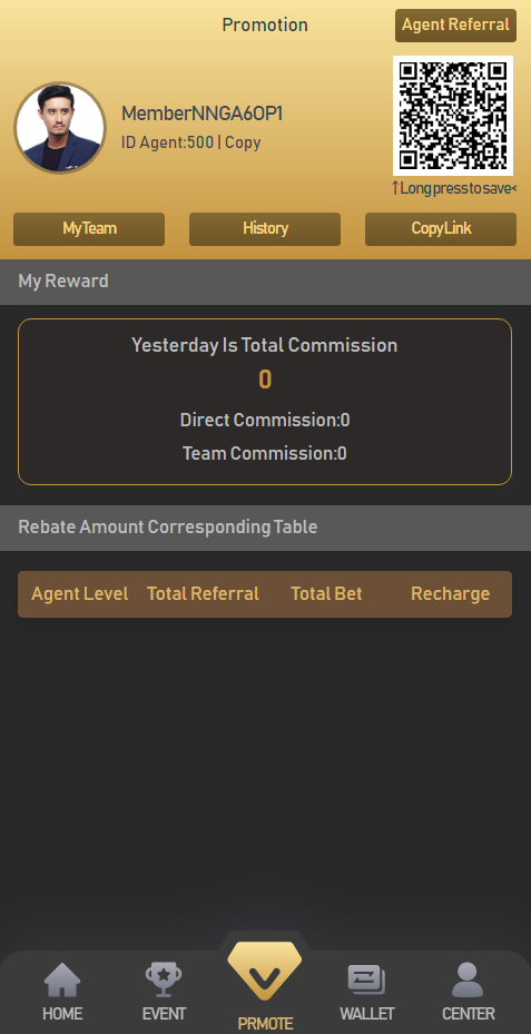 BDG Game agent referral promotion screen with team history and commission panel