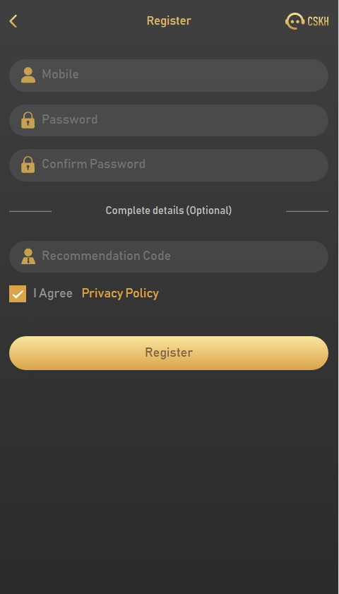 BDG Game Register screen with mobile password and recommendation code fields