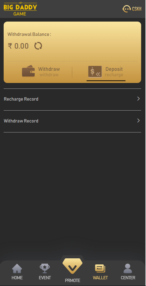 BDG Game wallet overview with withdrawal balance recharge record and withdrawal record