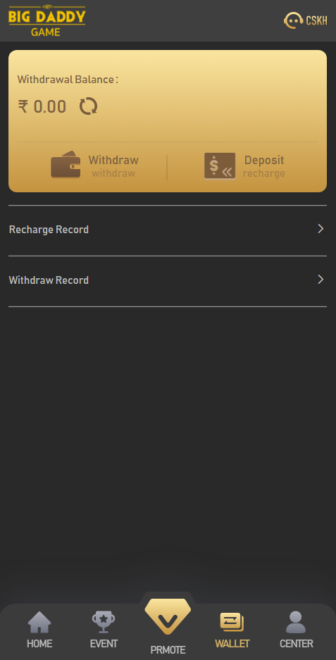 BDG Game wallet screen showing recharge and withdrawal record options