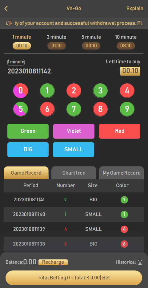 BDG Game Win Go screen with colour number size and game record controls